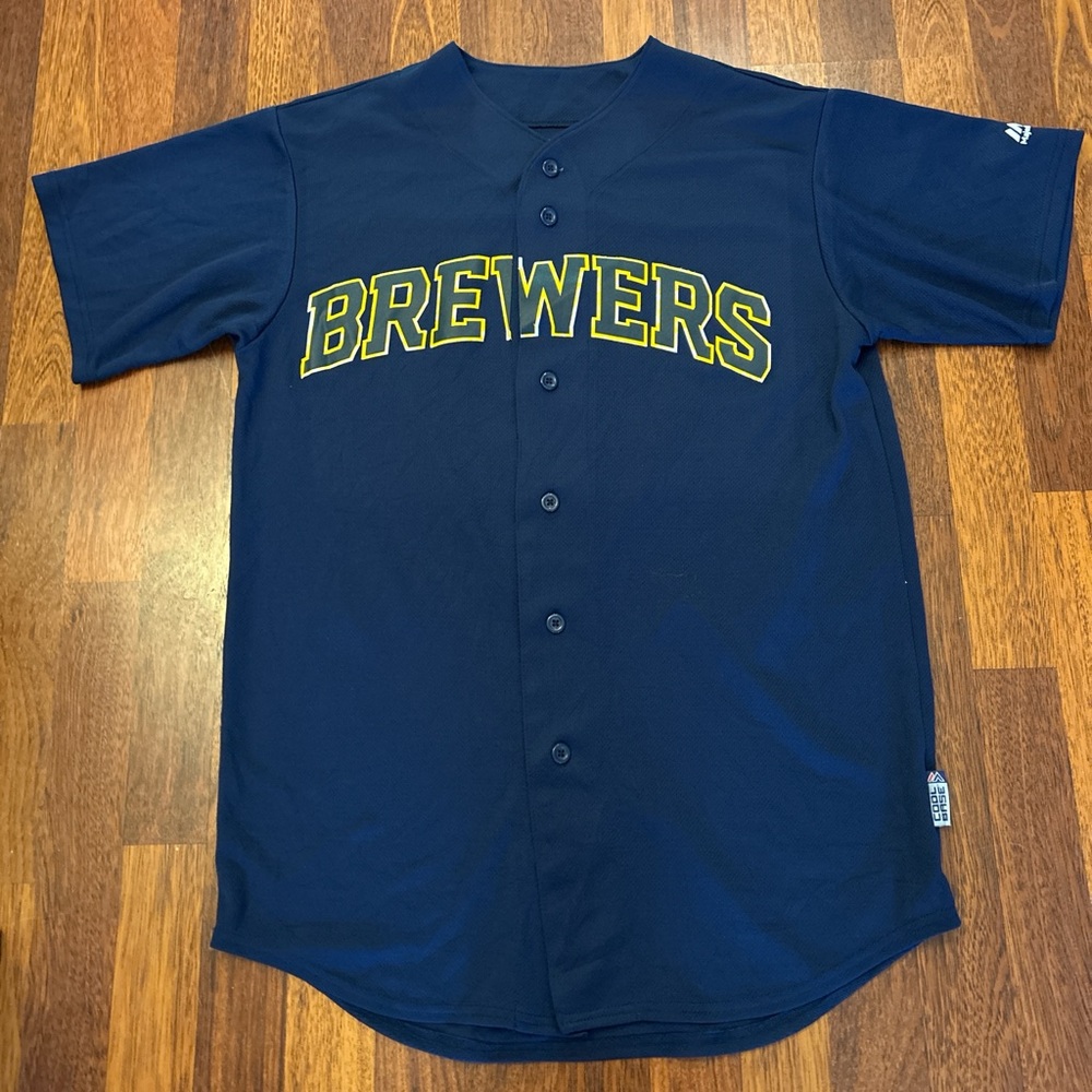 Milwaukee Brewers Majestic Cool Base Baseball Jersey Navy Size Medium